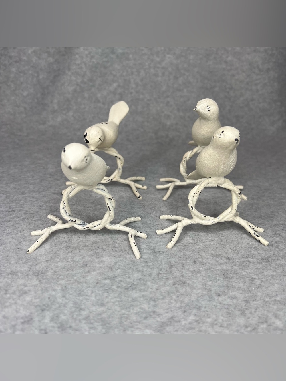 Cast Iron Metal Birds Napkin Rings Branch Chippy Paint Farmhouse Rustic Set of 4